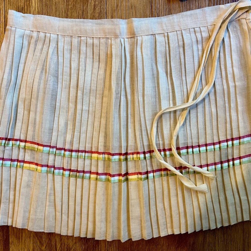 Rare Vintage Girls Linen Beige Pleated Ribbon Skirt Hungary Folkloric